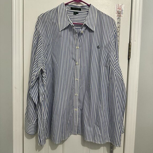 Lauren Ralph Plus Size 3x Striped No Iron Crisp Cotton Shirt Blue White - Picture 2 of 9